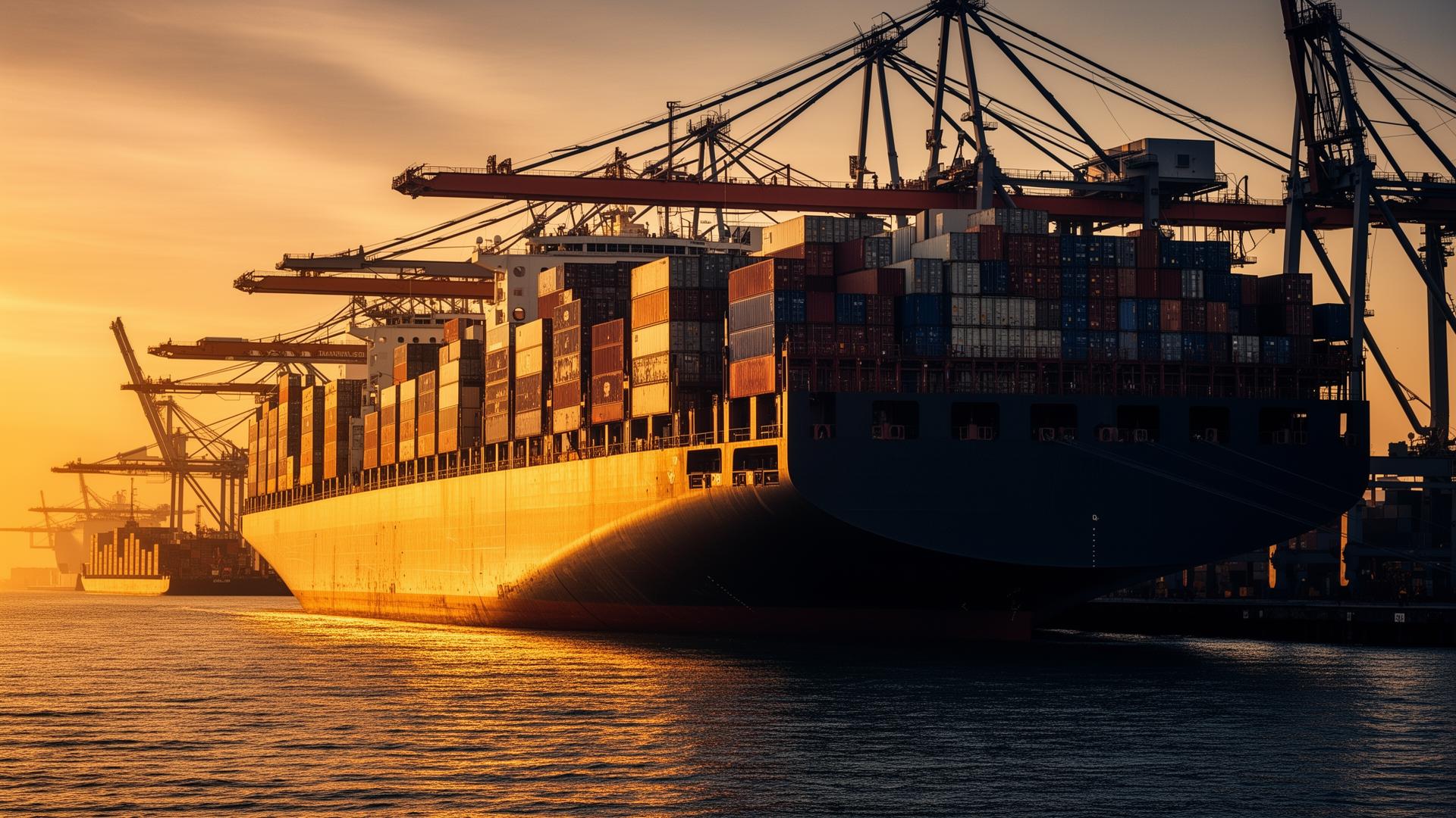 Container ship being loaded at a global port at golden hour